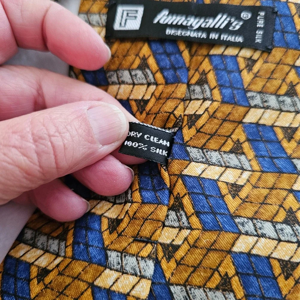 Fumagalli's Mens Silk Tie Geometric Gold Blue Made in Spain, Italian silk - Picture 4 of 5